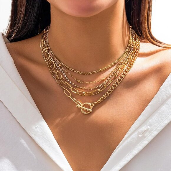 🆕 Women Gold Non Tarnish Stack Necklace Layered Paperclip Chain Jewelry Set - Picture 4 of 6